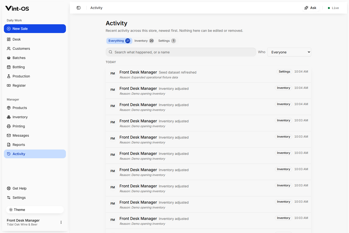 Vint-OS Activity showing staff members, actions, areas, and times grouped by day