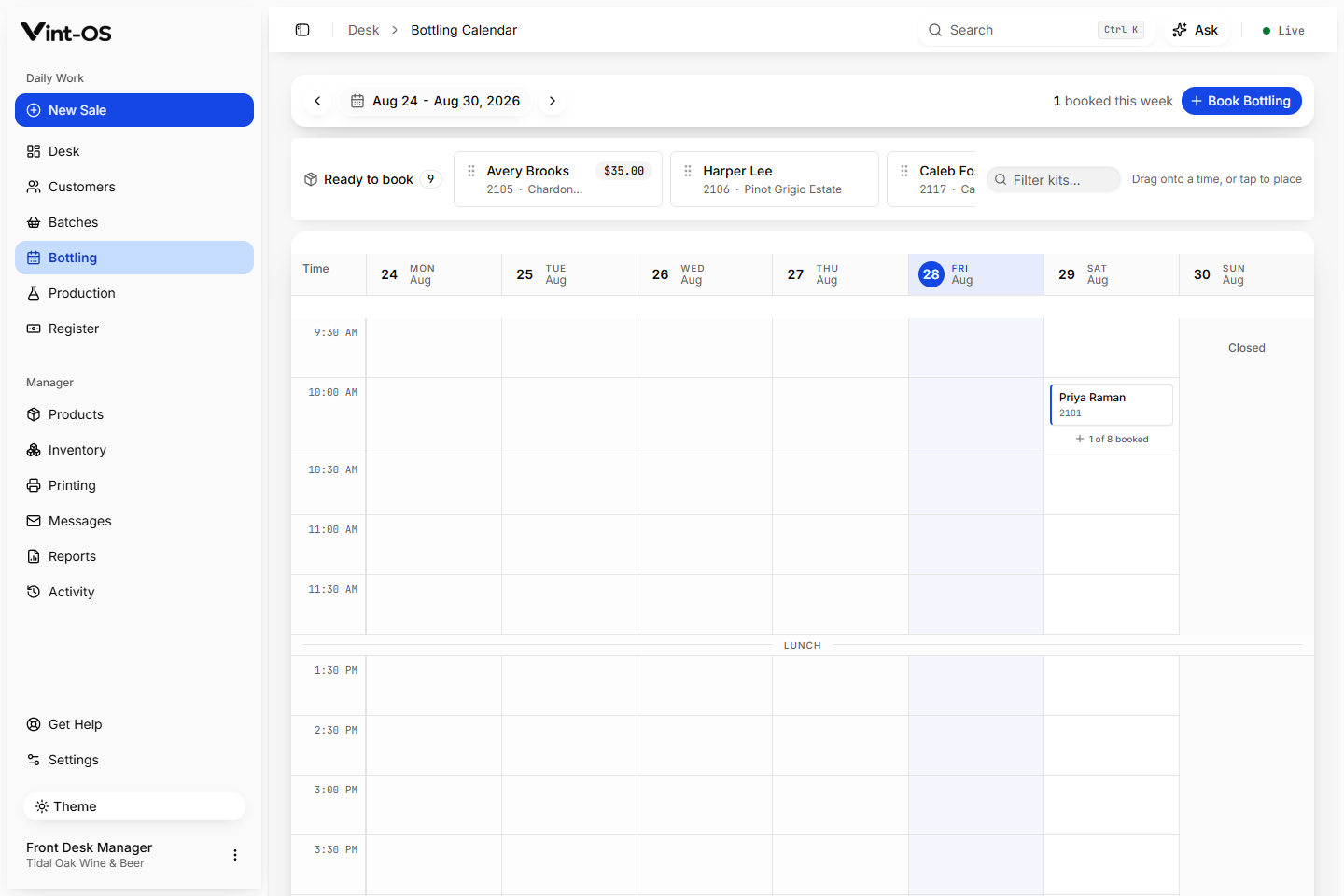 Vint-OS Bottling Calendar with order-linked appointments and ready-to-book work