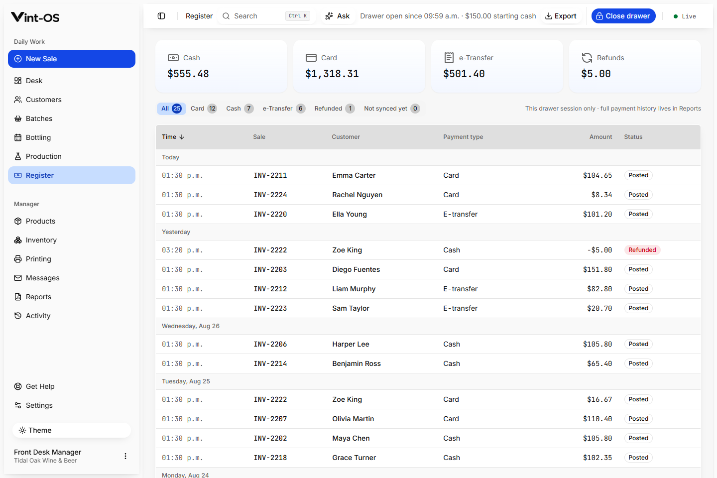 Vint-OS Register workspace with tender totals and transaction history