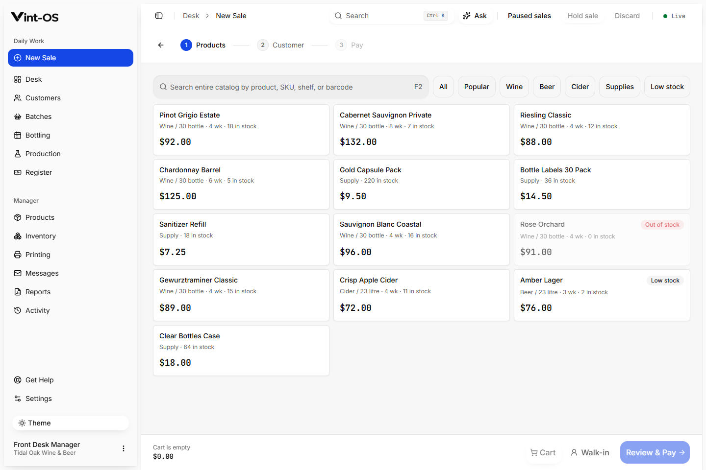 Vint-OS New Sale register with customer, products, totals, and tender flow
