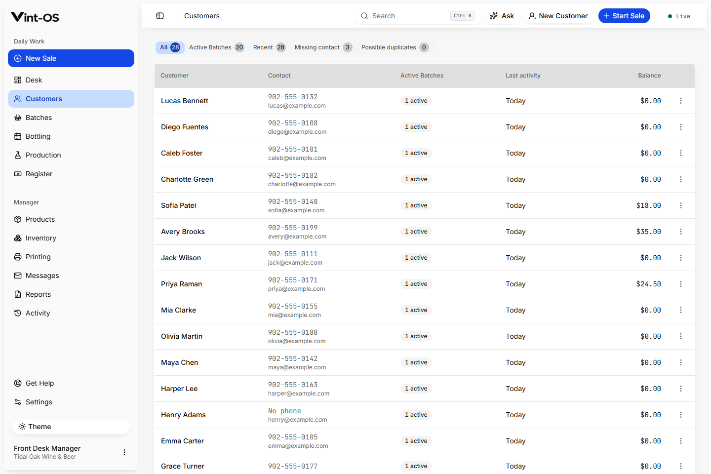 Vint-OS customer workspace with contact, active work, tasks, notes, and history