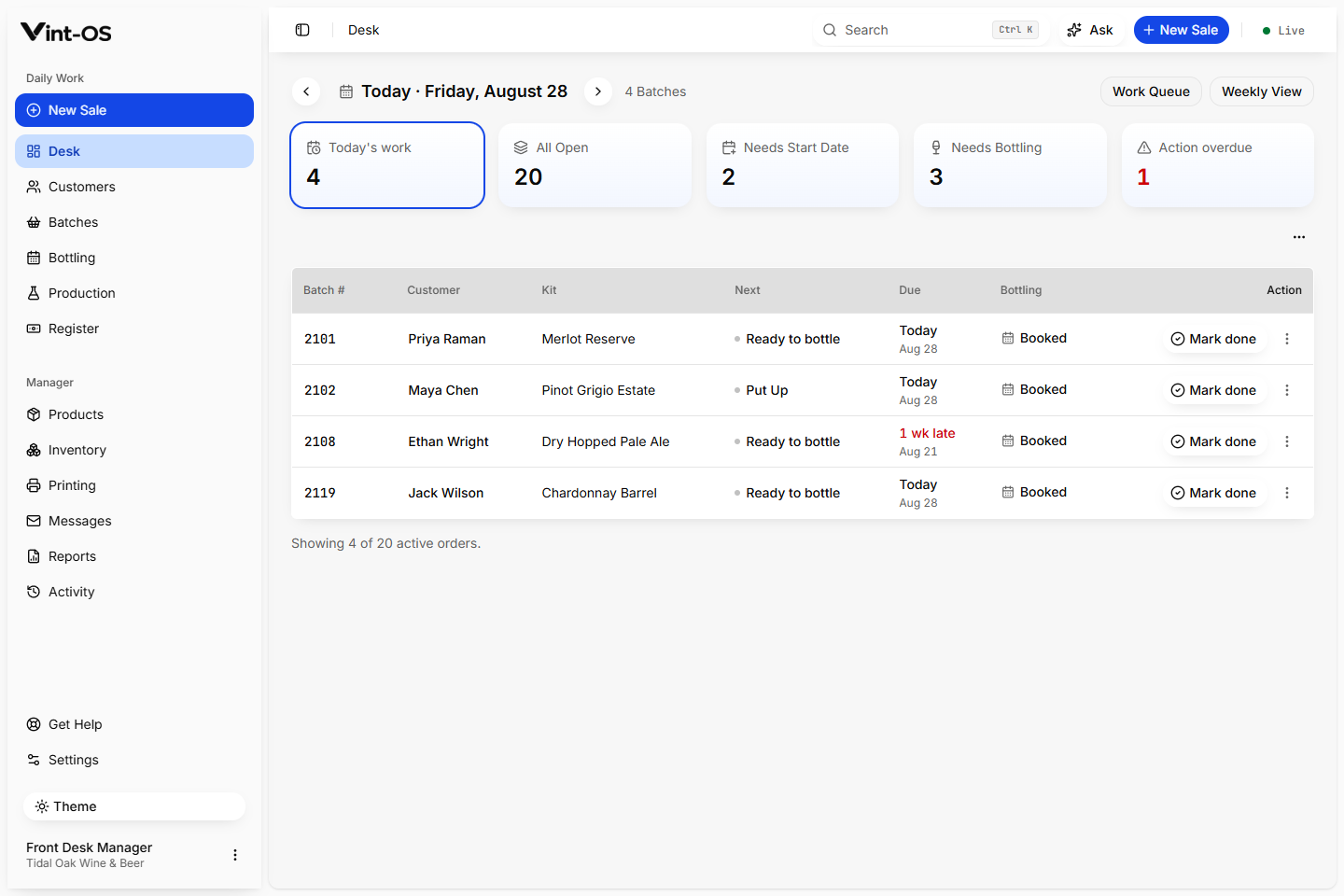 Vint-OS Desk showing daily Batch attention states