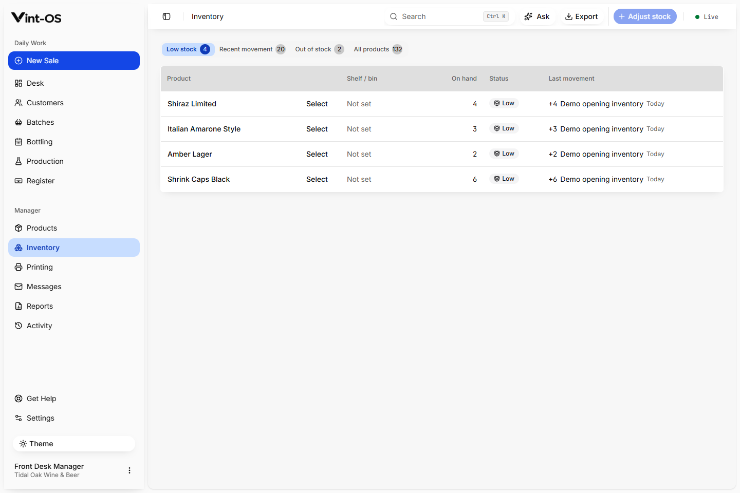 Vint-OS Inventory workspace with counts, thresholds, adjustments, and movement history