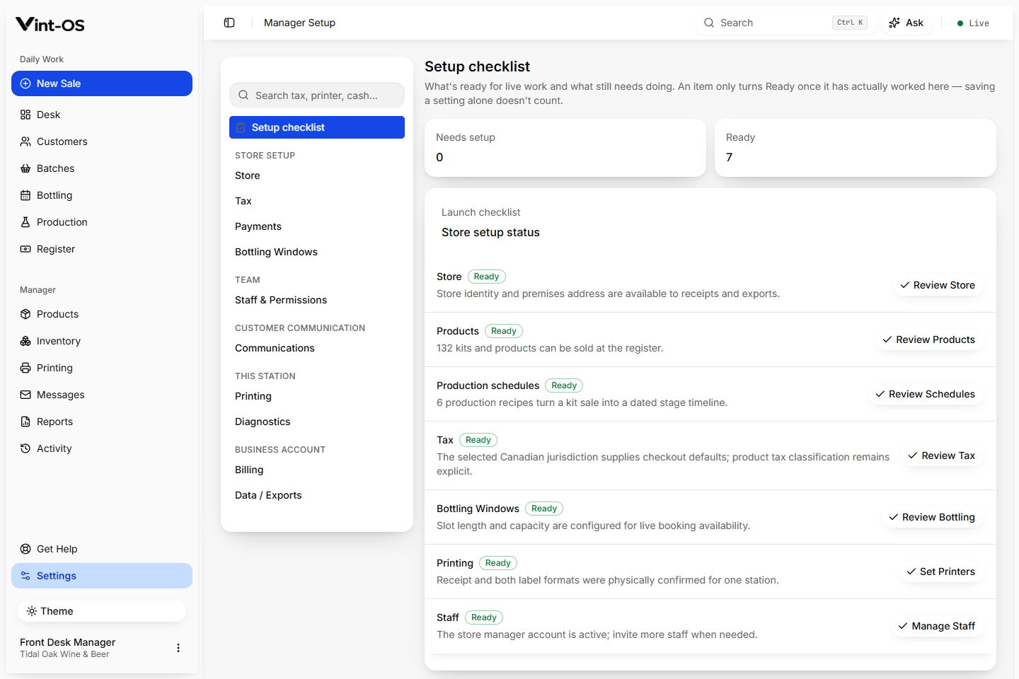 Vint-OS Manager Setup showing staff access and store configuration status