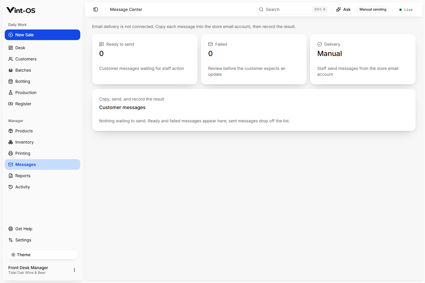 Vint-OS Message Center with customer communication delivery and retry states