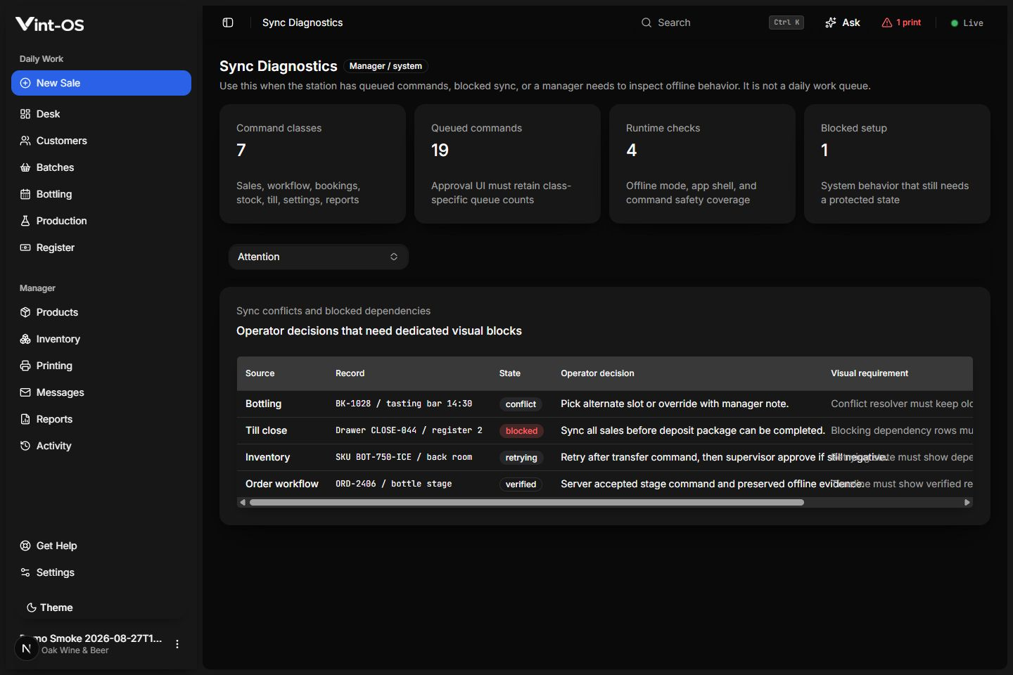 Vint-OS offline readiness screen explaining local, pending, and server-required actions