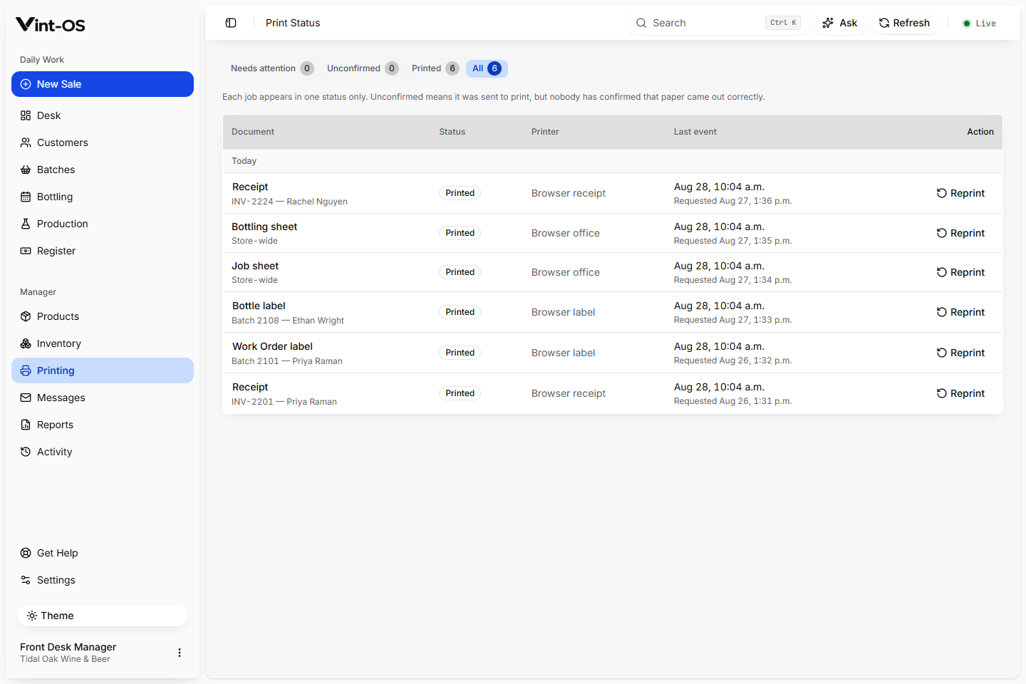 Vint-OS Print Status workspace with queued artifacts, station state, and recovery actions
