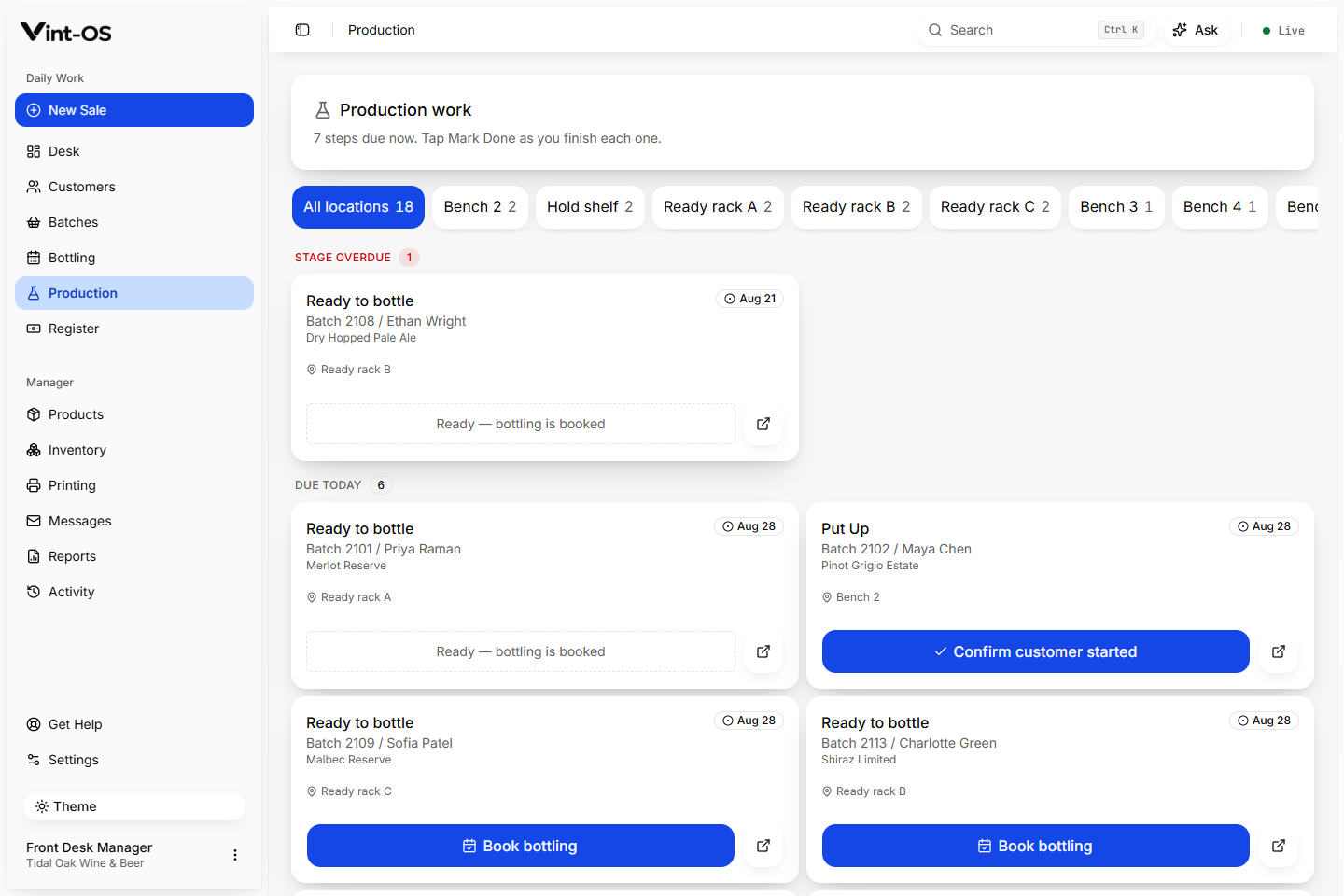 Vint-OS Production work queue grouped by overdue, due today, and upcoming stages