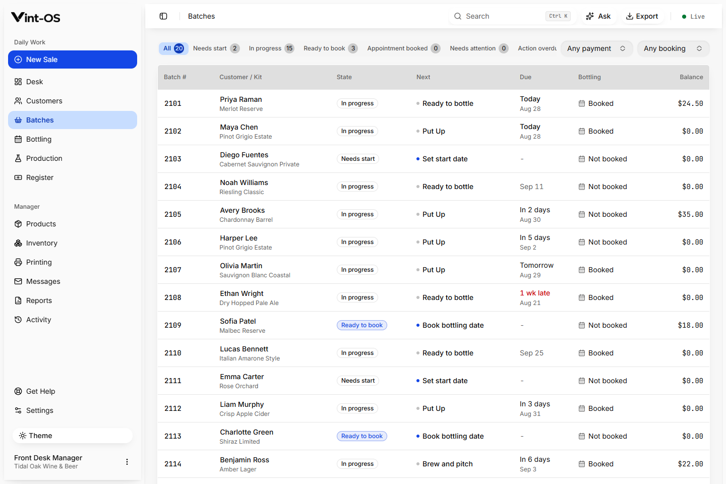 Vint-OS Batches ledger with customer, kit, stage, date, and balance context