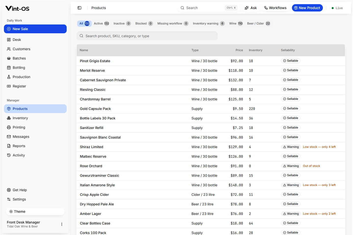Vint-OS product catalog with price, tax, stock, recipe, and production defaults